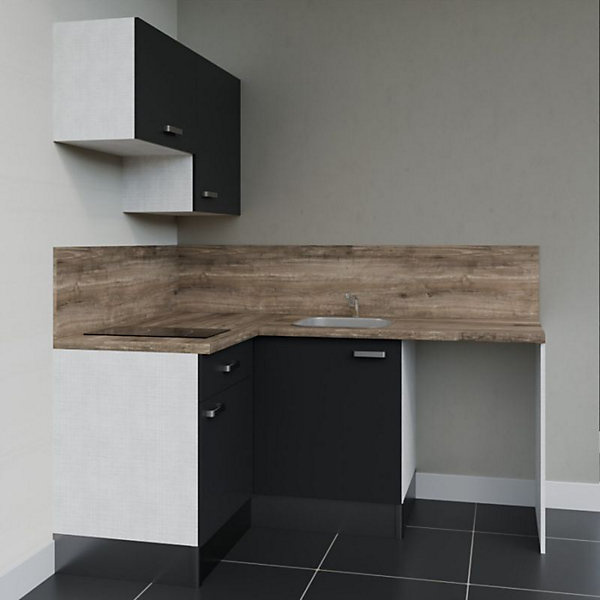 Kitchenette KA02 - 128 cm - Façades : Noir - Plan de travail : Bois - Crédences : Oui - Evier
