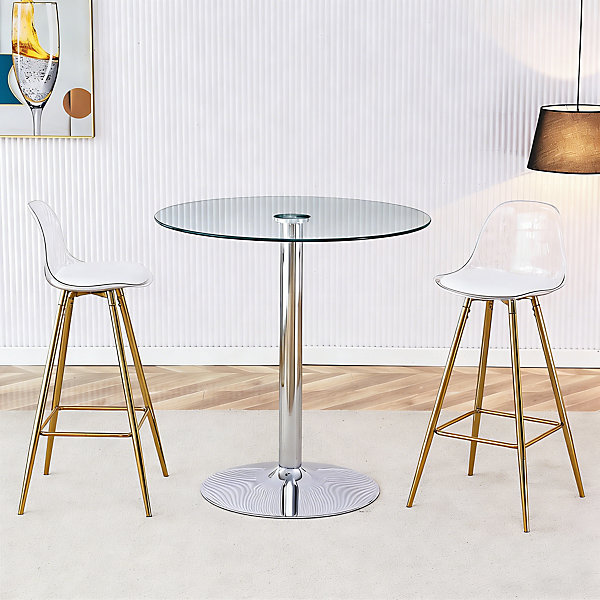 Ensemble Bar - Table de Bar Ronde en Verre avec 2 Tabourets en Plastique, Structure Métal Pieds Dorés - Argent Transparent