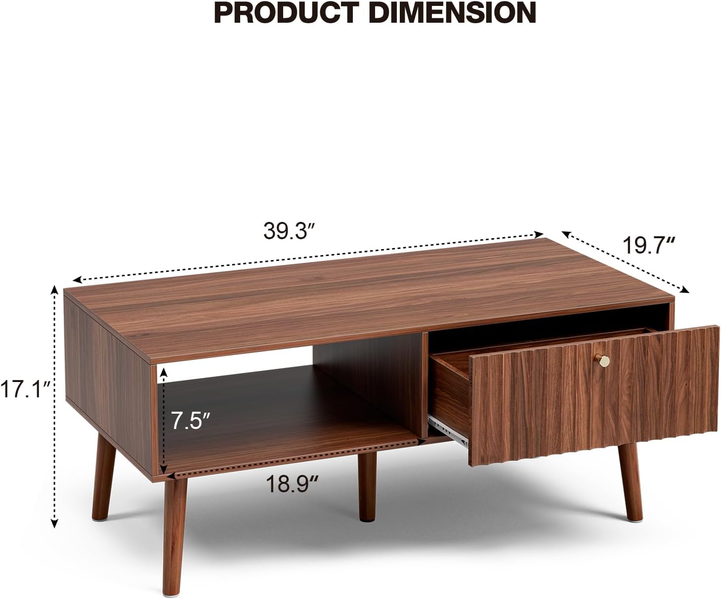 LCRBOL Coffee Table with Storage, Mid Century Dining Table with Fluted Drawer and Solid Wood Legs, Small Coffee Tables for Living Room, Walnut