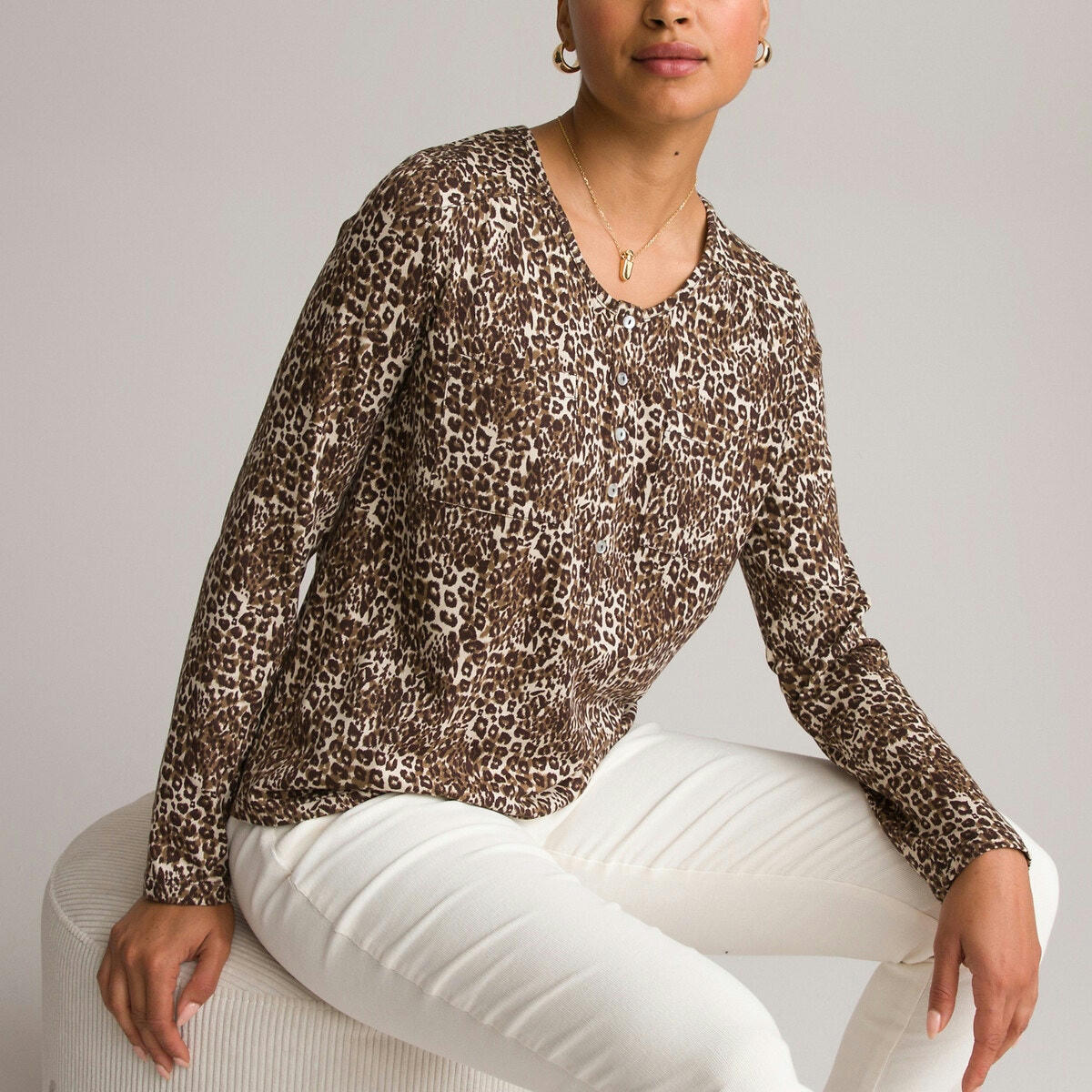 T-shirt imprimé, col rond, manches longues