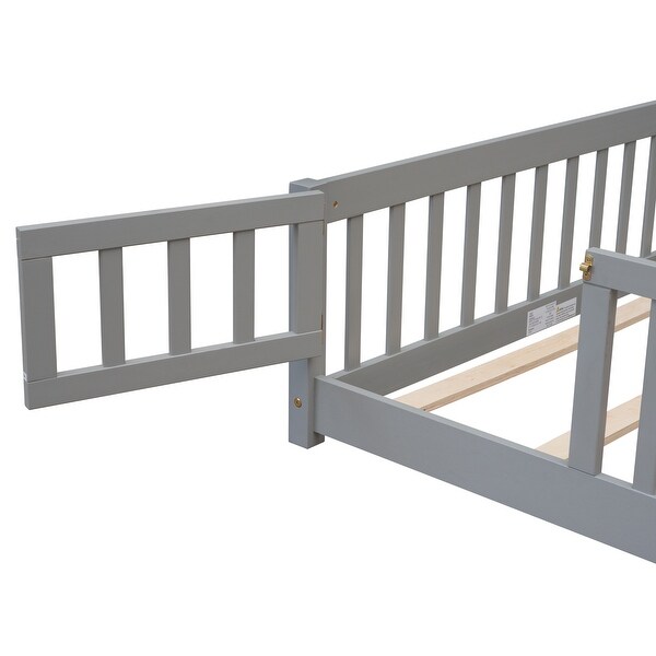 Full size Floor Platform Bed with Fence and Door for kids, toddlers