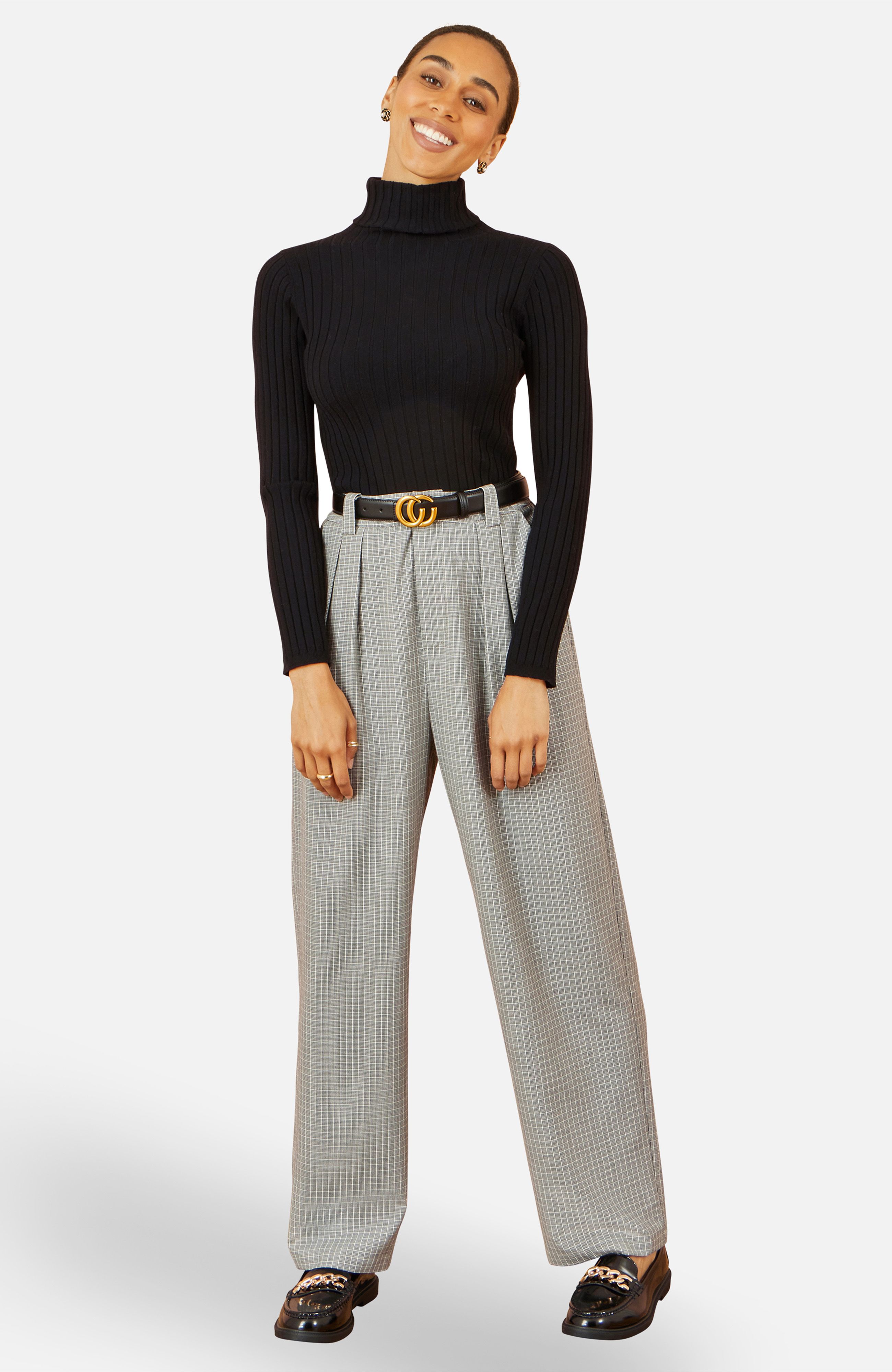 Yumi Grey Check Wide Leg Trousers
