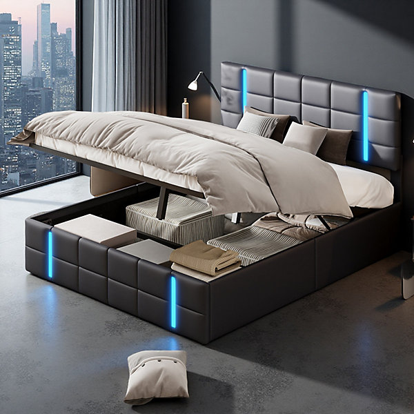 Lit double 140x200 cm en similicuir noir avec tête de lit LED acrylique givré et 2 ports USB intégrés
