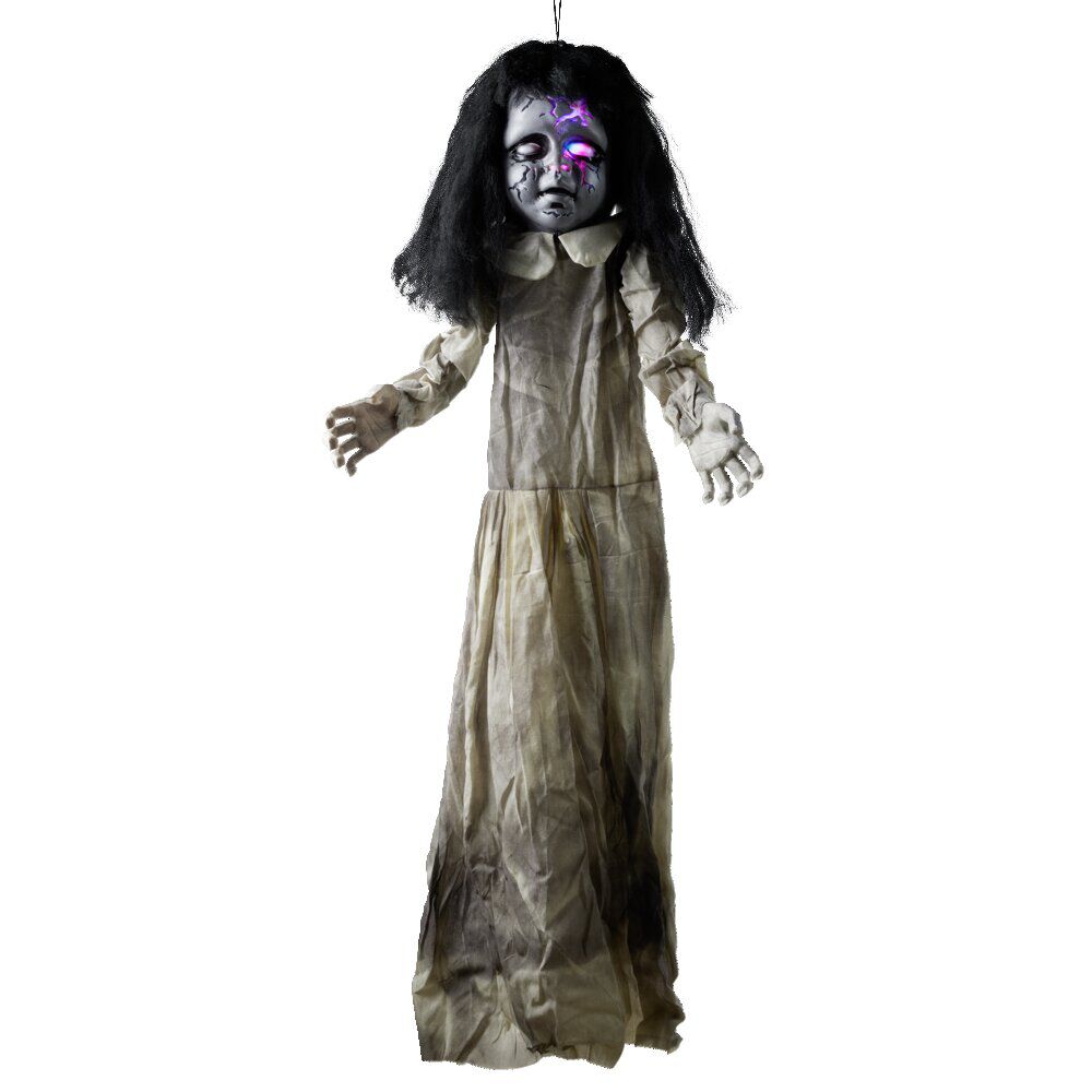 Petite fille tête craquée Halloween animé lumineux sonore à suspendre
