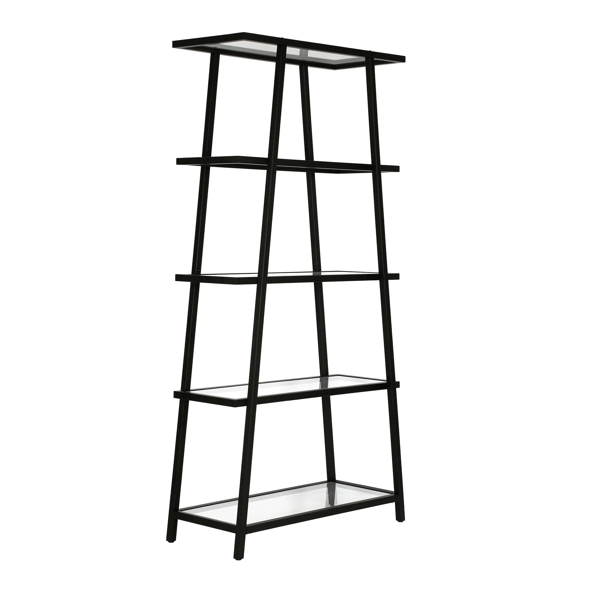 Modern 70-Inch Black Metal and Glass Etagere Bookcase 5-Tier Tall Shelf for Display and Storage - 70”H x 34”W x 14”D