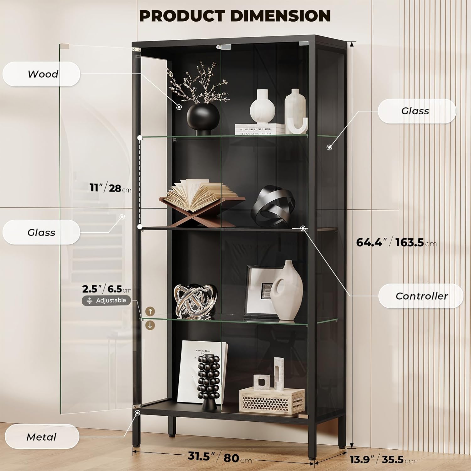 Display Cabinet with Glass Doors, 4-Tier Curio Cabinet with 3 Color Lights, Metal Glass Display Case with Motion Sensor, Storage Cabinets with Adjustable Glass Shelves, Bookcase, Black