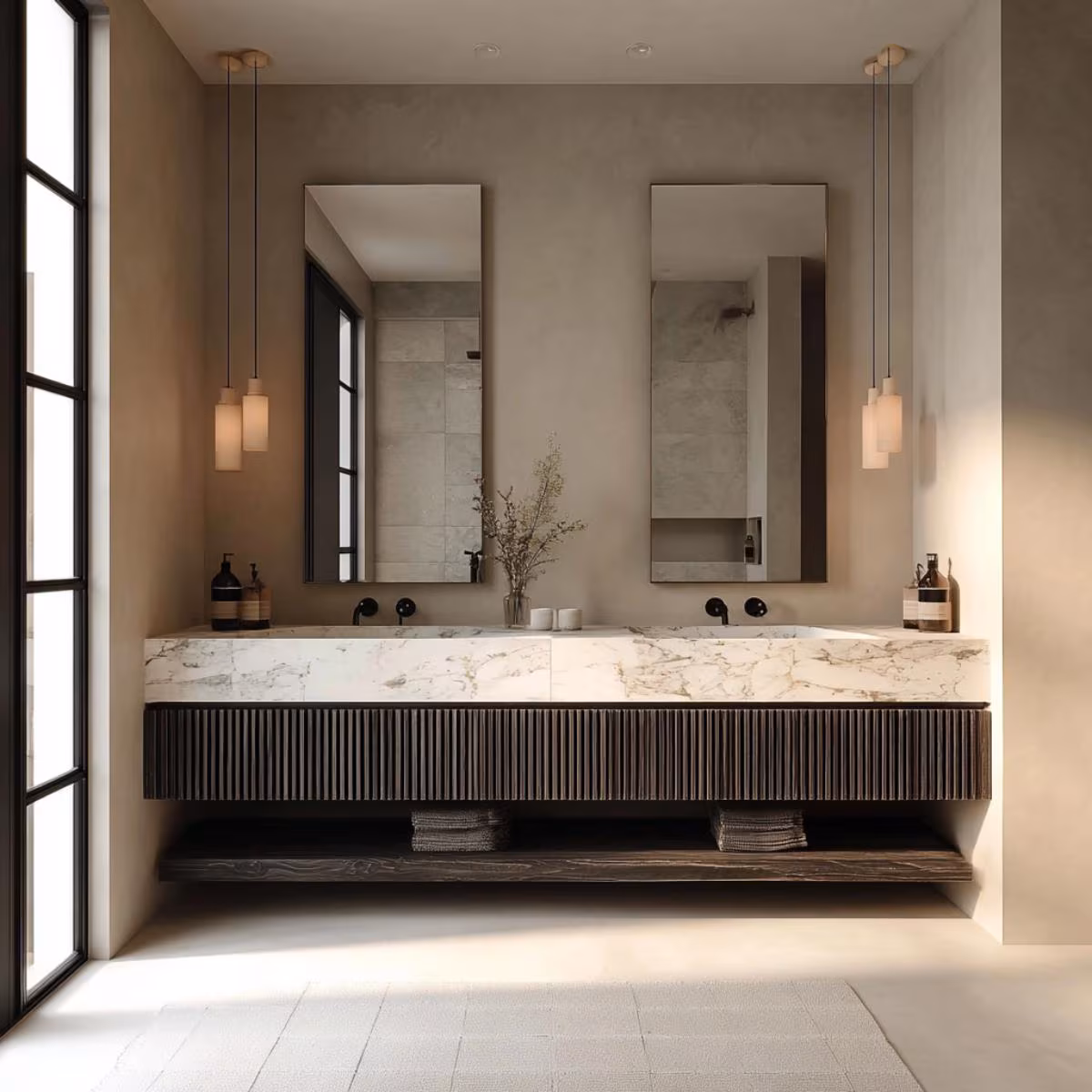Fluted Floating Double Vanity | Dark Oak Modern Bathroom Cabinet