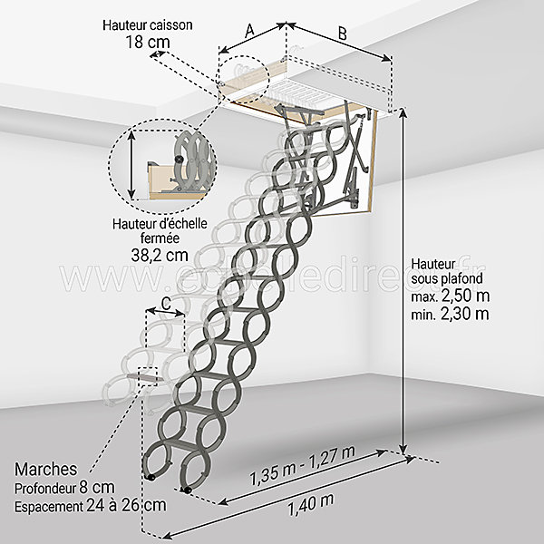 Echelle escamotable en métal - Trémie de 51 x 80cm - Hauteur de 2.30 à 2.50m - LST5180/250