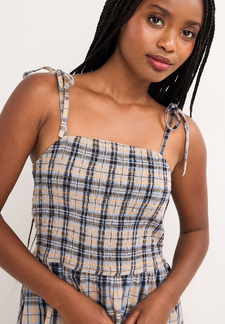Womens Blue & Tan Check Print Strappy Midi Dress