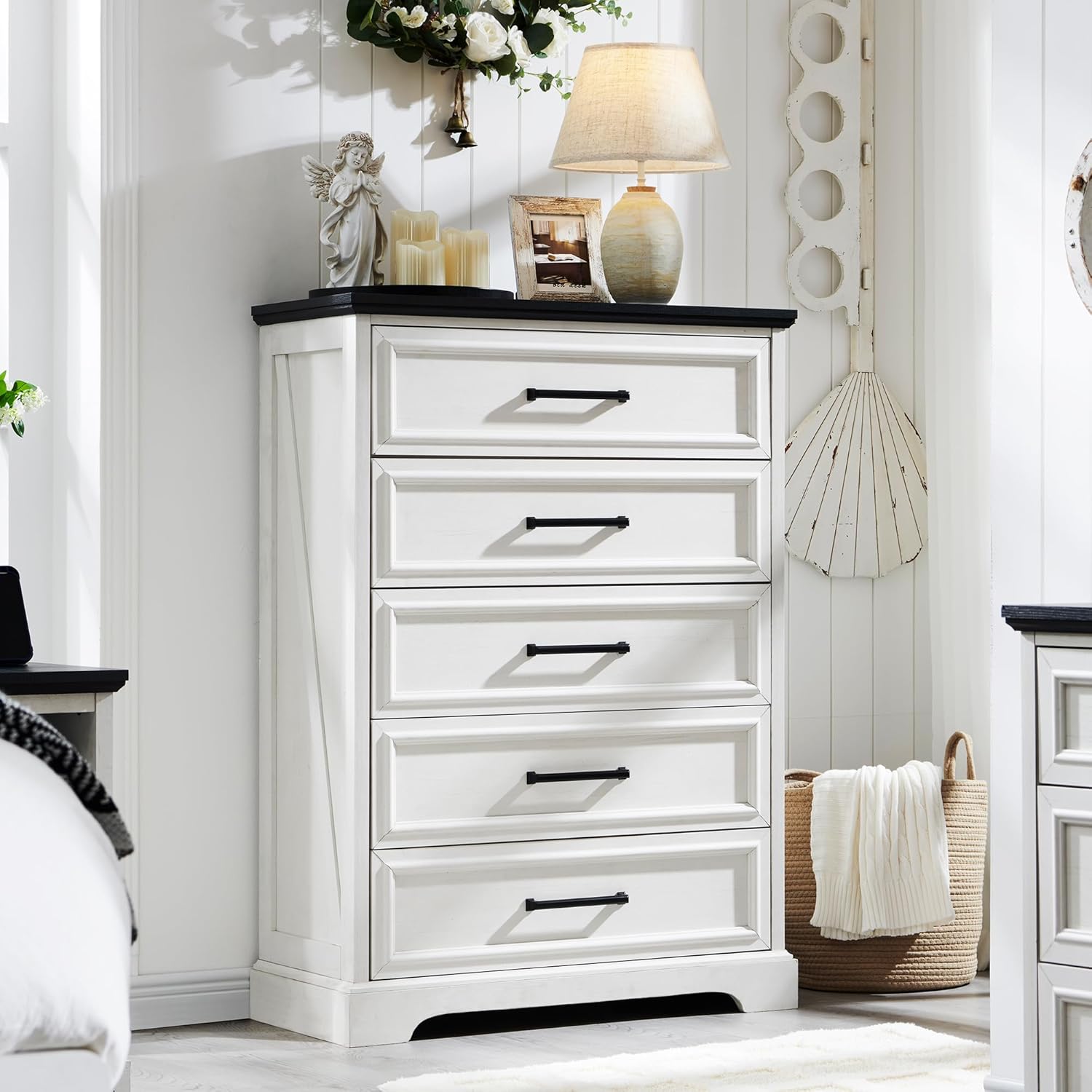 ACCOHOHO Farmhouse 5 Drawers Dresser Chests for Bedroom,46 Tall Wood Rustic Chest of Drawers with Wide Metal Handle,Natural Texture,Drawer Organizer for Bedroom,Living Room,Hallway and Entryway,White