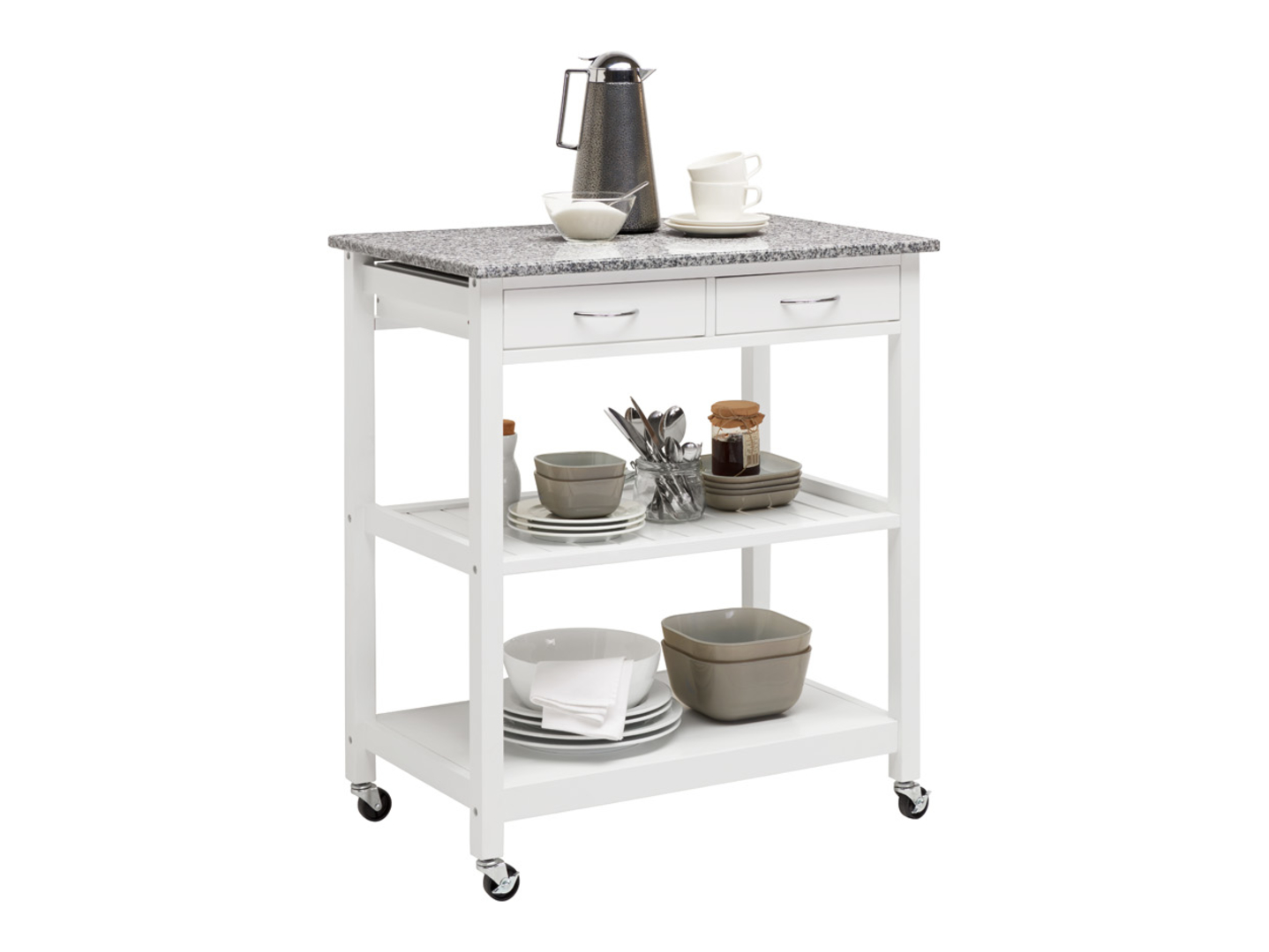 Regał Babette 78 cm mobilny z 2 szufladami biały/granit