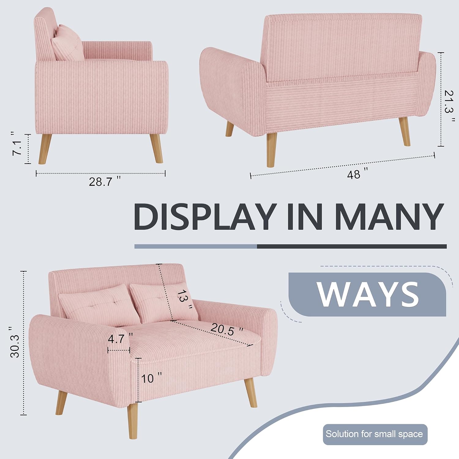 Shintenchi Small Modern Loveseat Couch Sofa, Mid Century Fabric Upholstered 2-Seat Sofa Couch Love Seats Furniture for Small Space,Living Room,Studio,Apartment with 2 Pillows, Pink