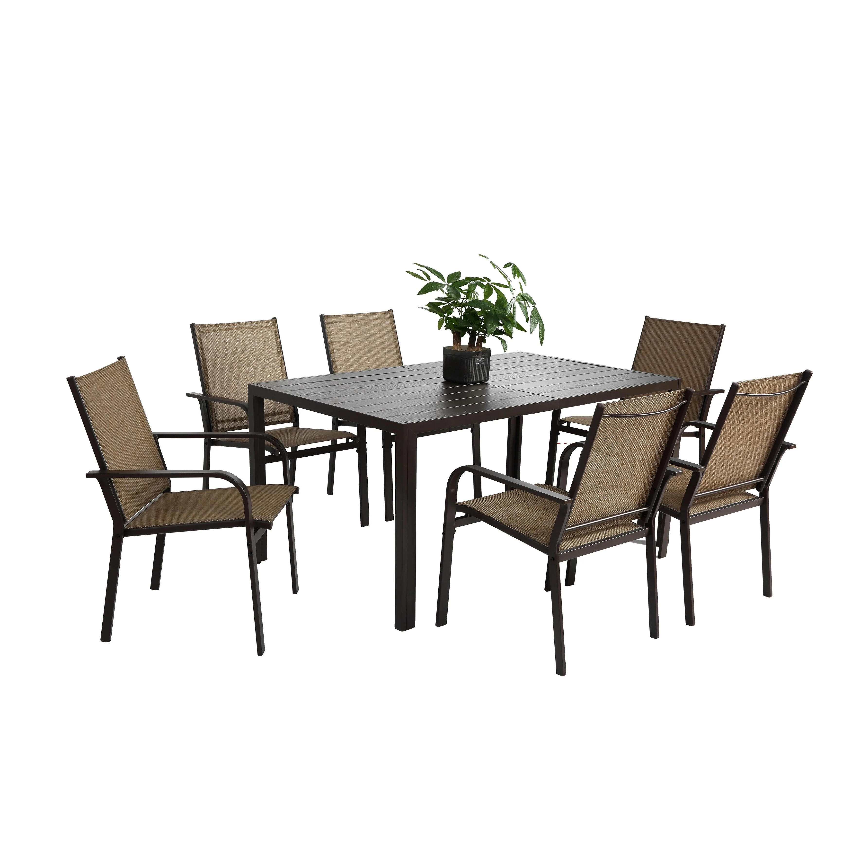 7 Pieces Patio Dining Set, Outdoor Furniture Table and 6 Textilene Chairs, Outdoor Furniture with Rectangular Table and