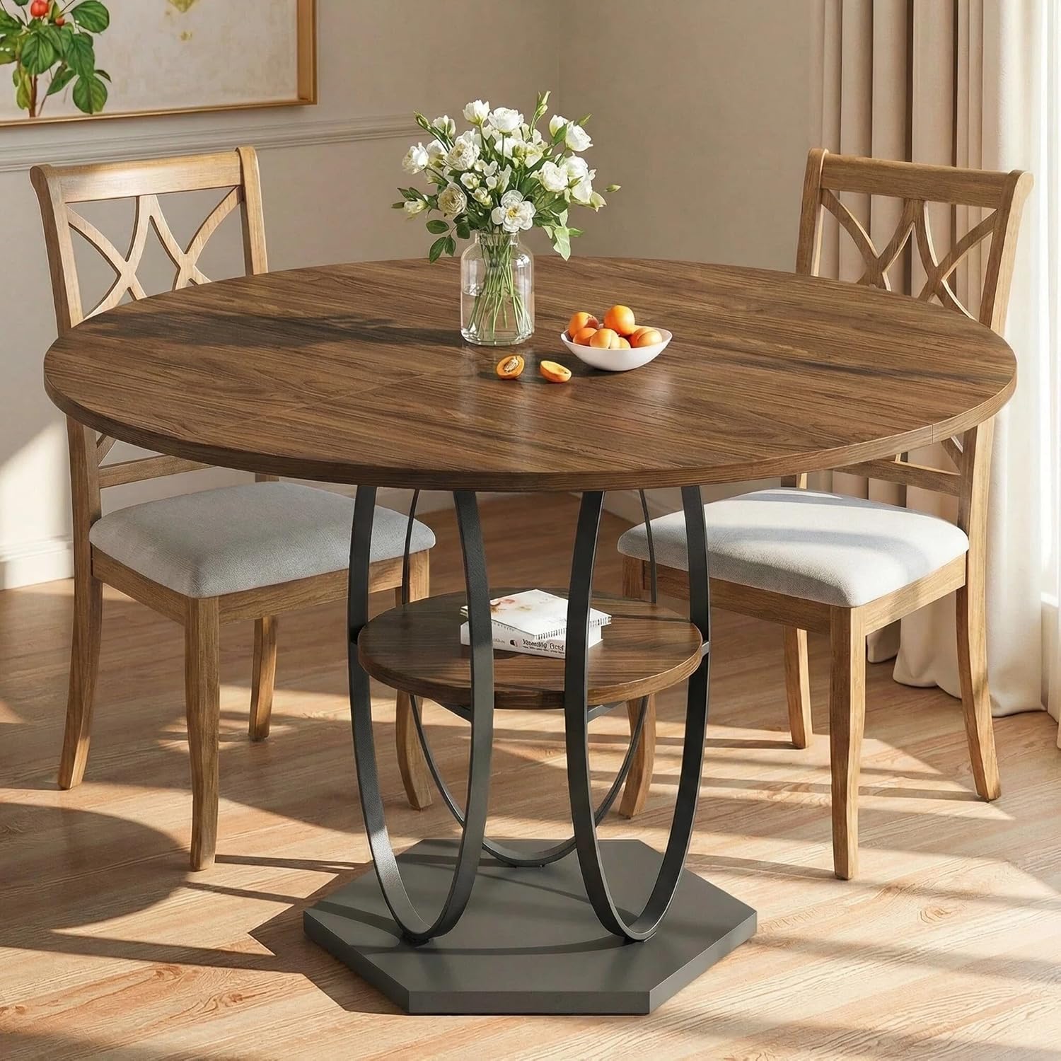 47.2 Round Dining Table for 4-6, Circle Kitchen Table with Open Storage Shelf, Modern Wooden Dinner Table with Metal Pedestal Base, Dining Room Tables for Kitchen Small Space, Walnut