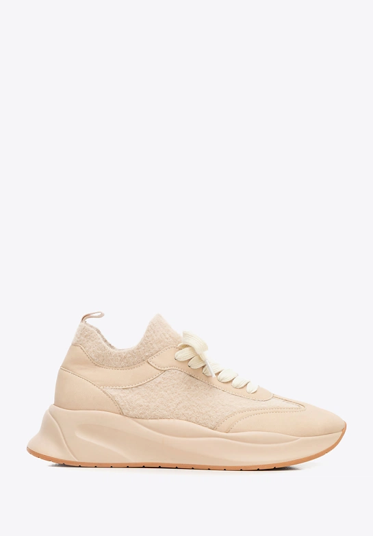 Damskie sneakersy z ekoskóry i sztucznego futerka beżowe