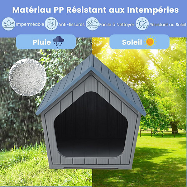 Niche pour Chien Exterieur/Interieur, Niche Chien avec Toit en Pente, 59,5 x 57 x 58cm, Bleu et Gris