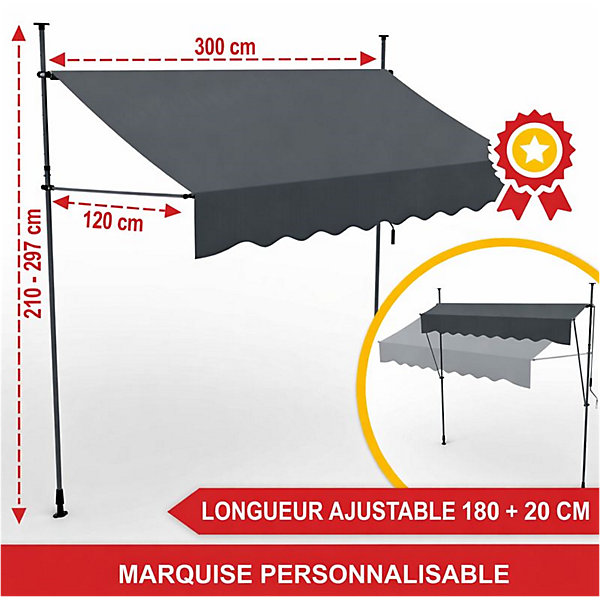 Auvent pour balcon et terasse 300x120cm rétractable avec manivelle réglable en hauteur