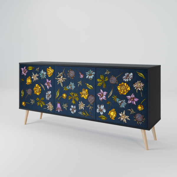 FLOWERS ON NAVY BLUE Komoda 3 drzwi Czarna-Bukowa skośna