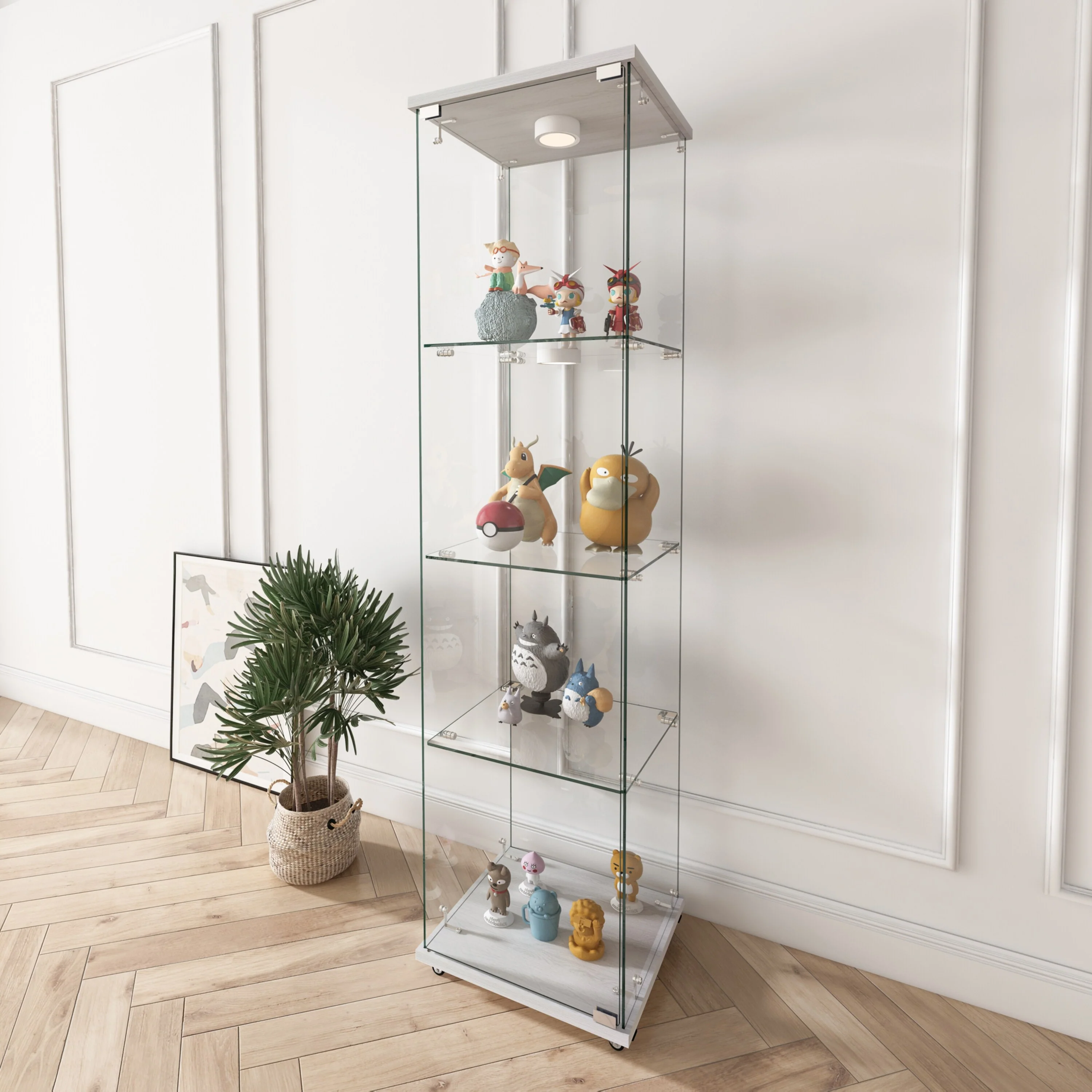 Modern Glass Display Cabinet with LED lights, Quick-assembly Antique Cabinet, Tempered Glass Bookshelf