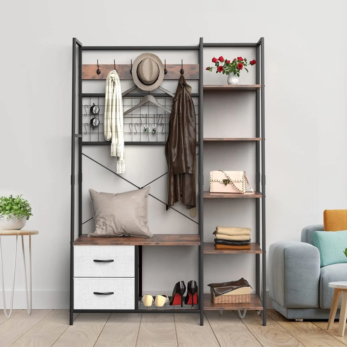 Lakyah Rustic Industrial Coat Rack 6-in-1 70 Hall Tree with Entryway Bench