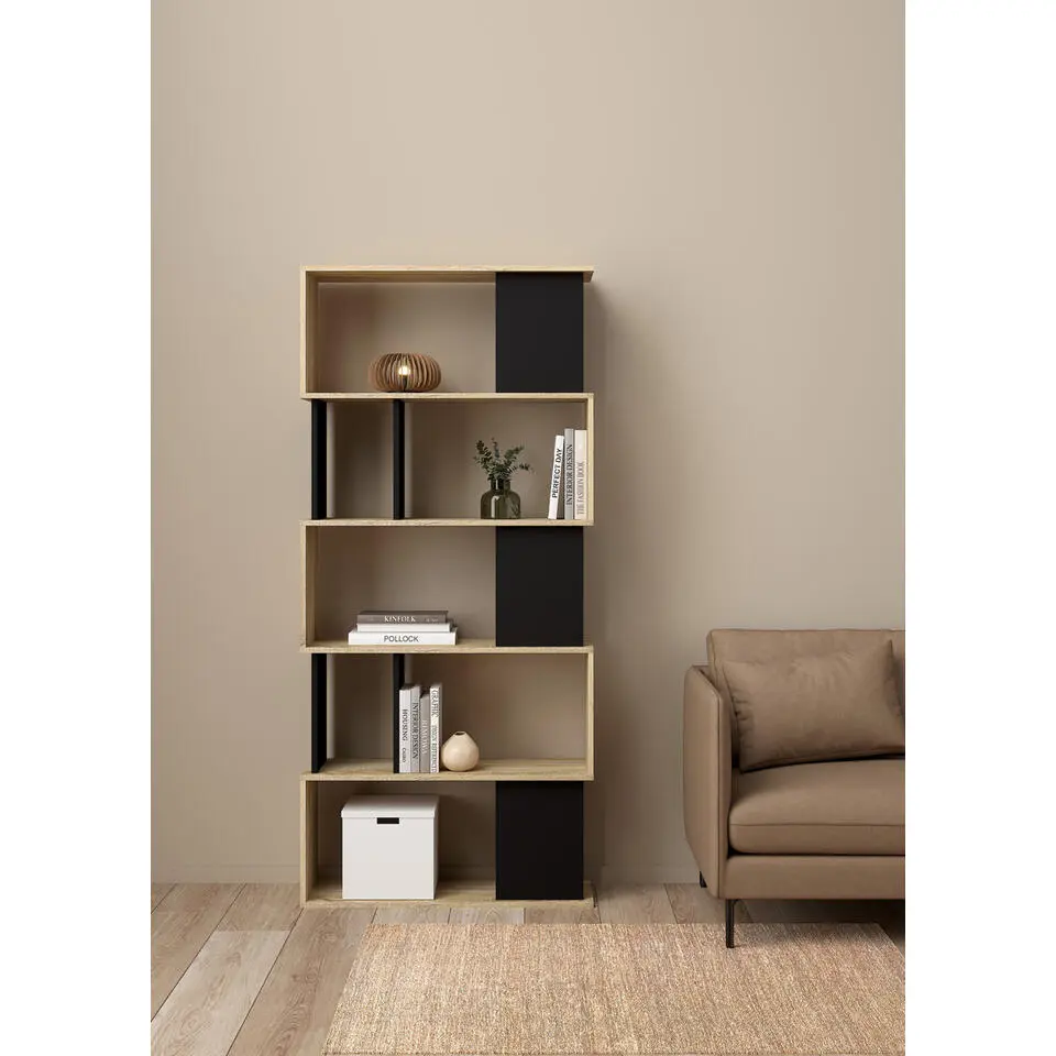 Boekenkast Zwart/Naturel - 80x31x174cm - Maze