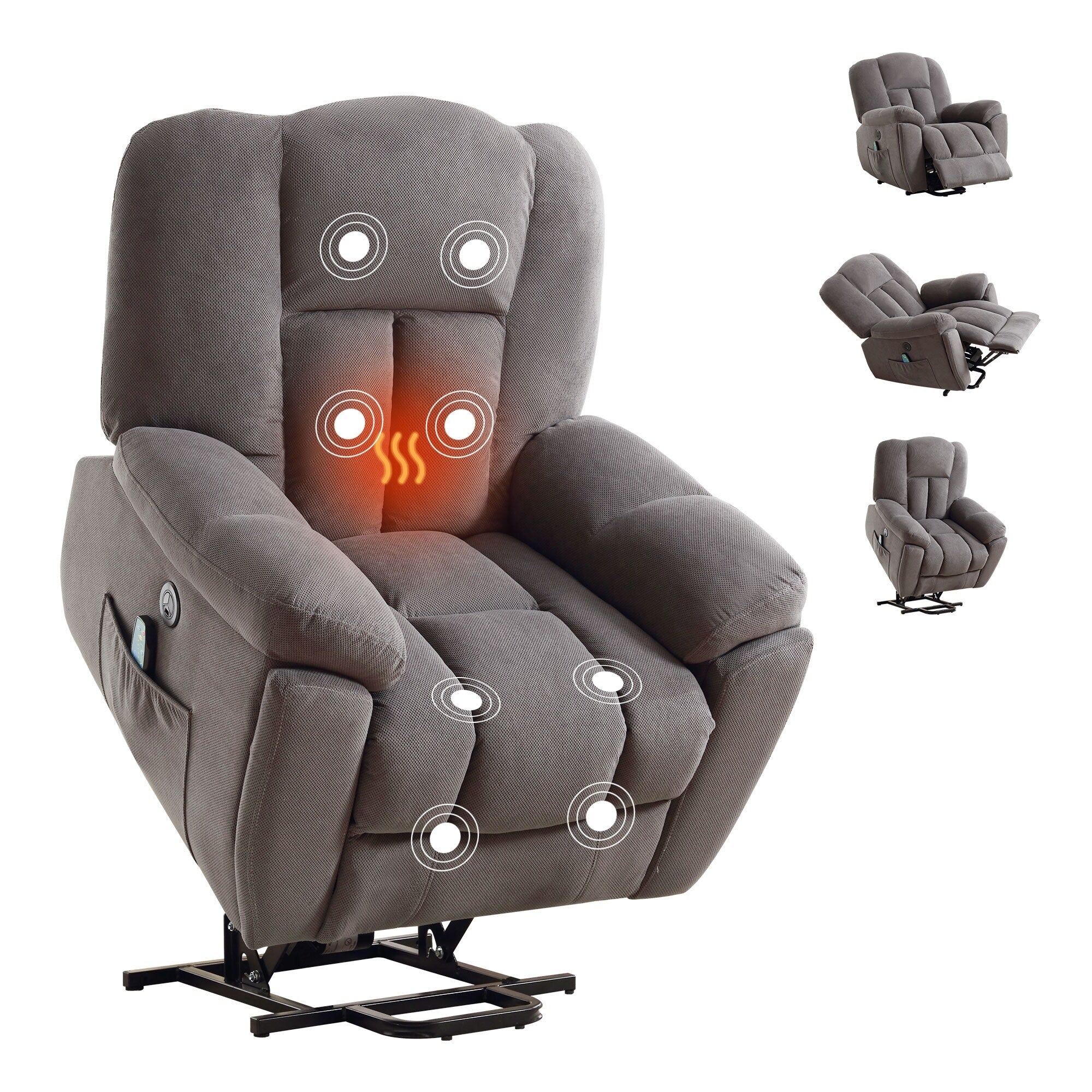Grey Electric Lift Recliner with Heat, Massage & Durable Fabric