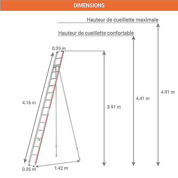 Echelle fruitière 14 barreaux - Hauteur de cueillette maximale 4.91m - 3049/14