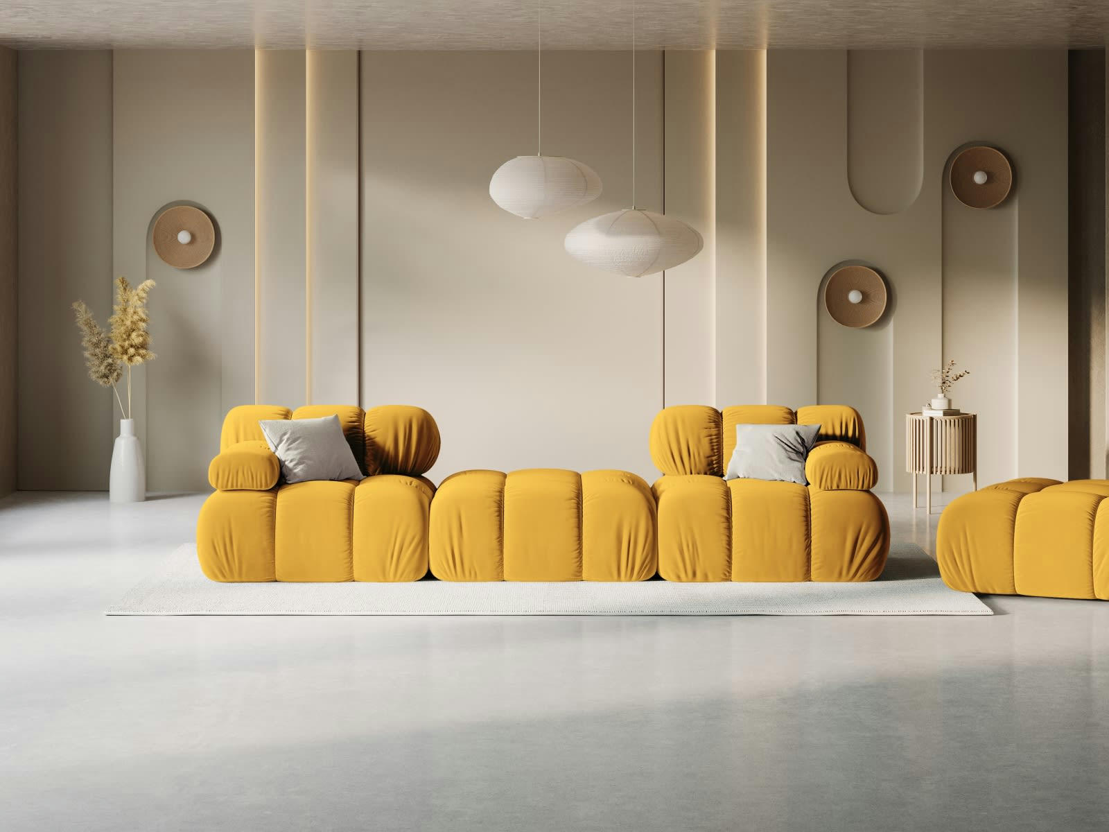 BELLIS - Canapé modulable 3 places en tissu velours jaune