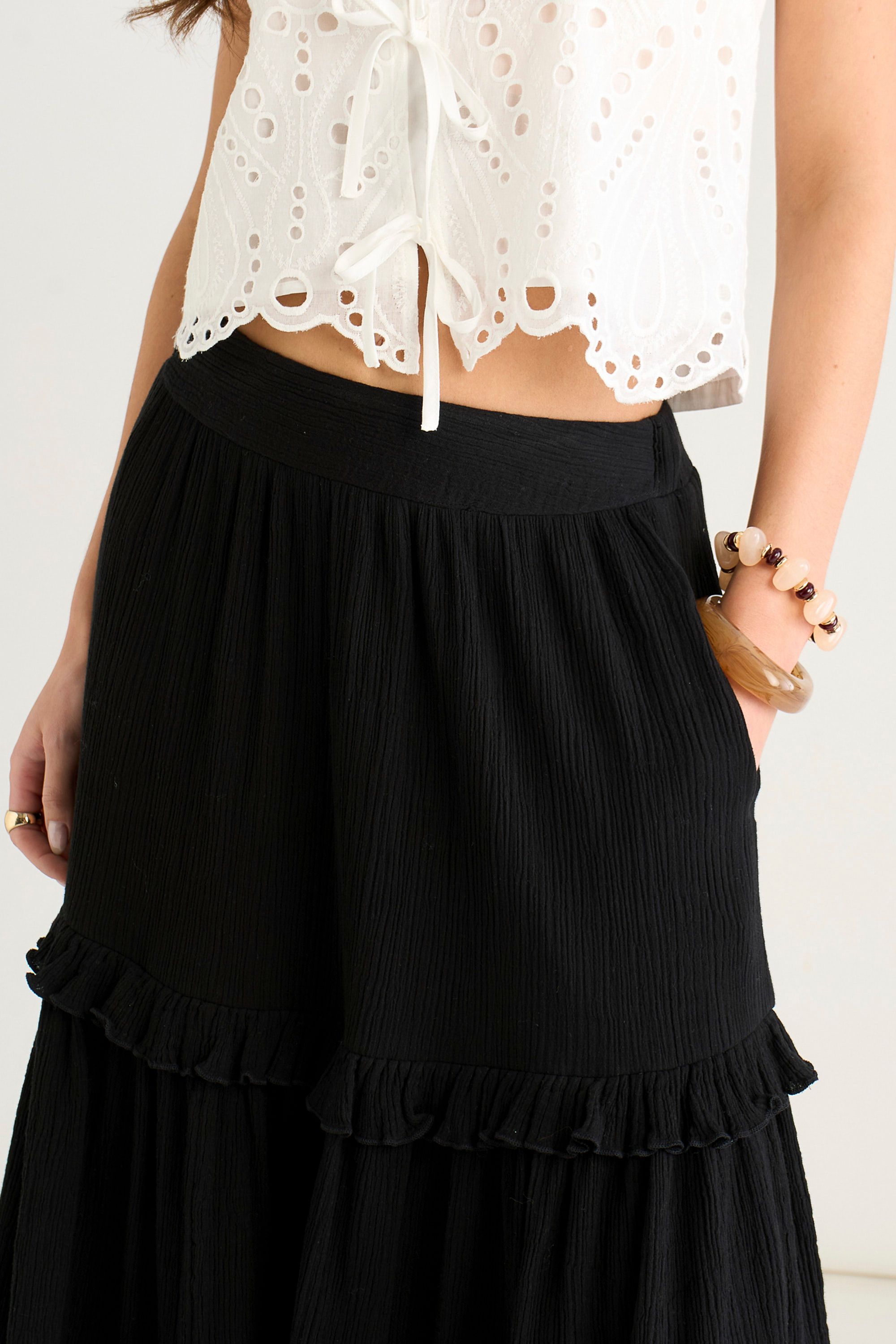 Gini London Black Tiered Cotton Skater Maxi skirt