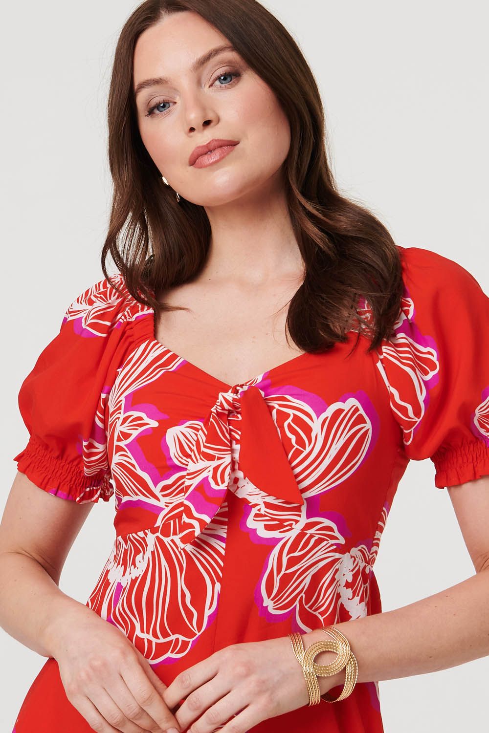 Izabel London Floral Puff Sleeve A-Line Midi Dress