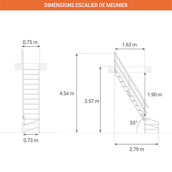 Escalier de meunier 16 marches - Quart tournant à droite avec double main-courante - Hauteur à franchir 3,57m max - MSS-MSW-R/2MC