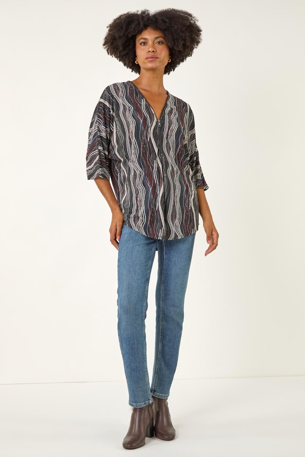Roman Abstract Print Zip Front Stretch Top