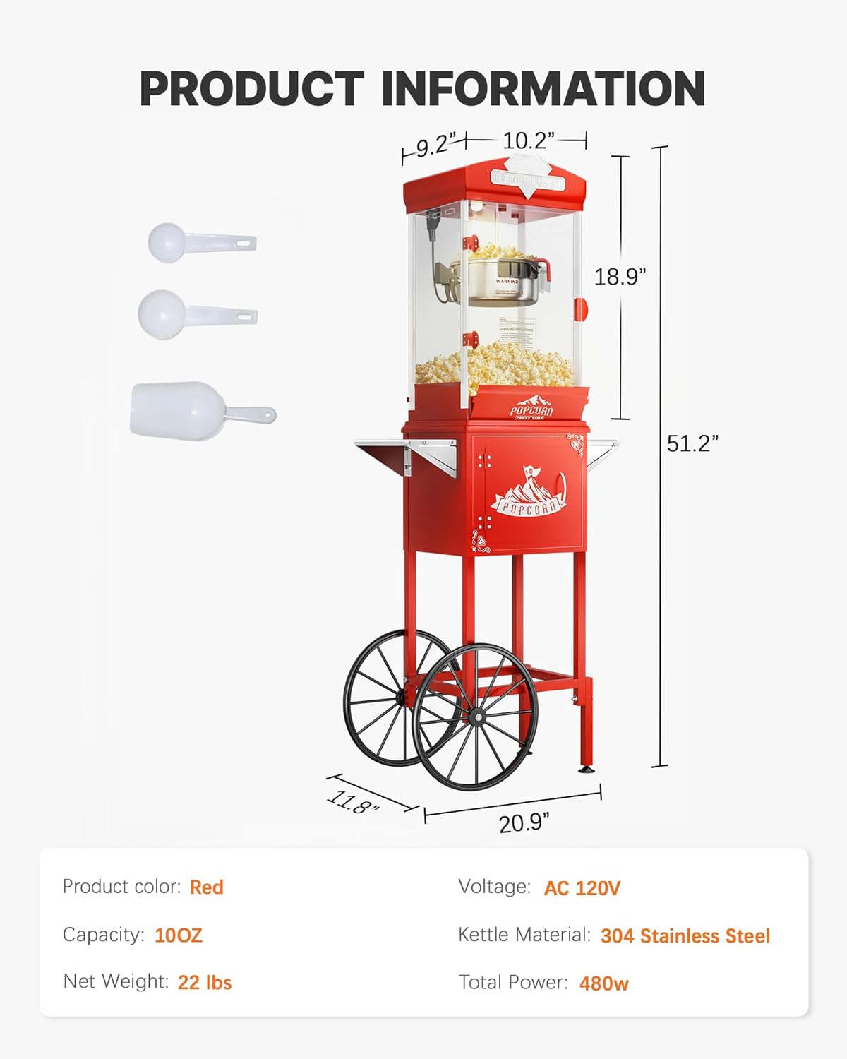 10 oz Popcorn Machine Cart, Popcorn Maker Machine with Wheel & Stainless-Steel Kettle Makes Up to 40 Cups, Vintage Movie Theater Style Pop Corn Machine, Red