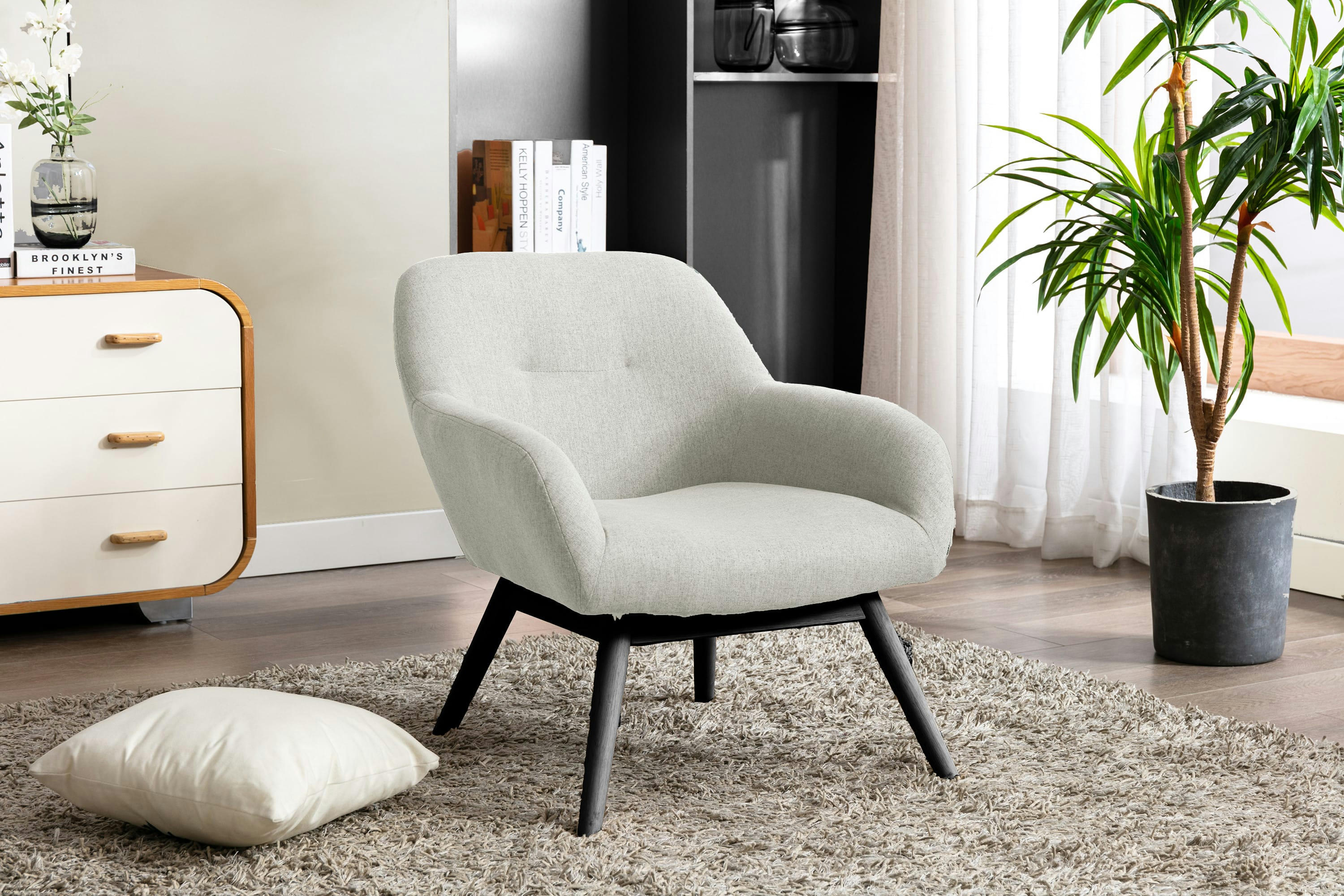 MALMO - Fauteuil lounge en tissu Coloris Lin et bois noir
