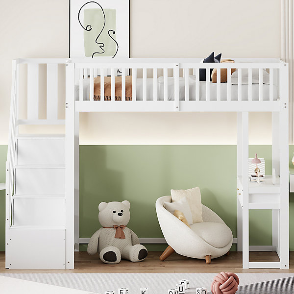Lit Mezzanine enfant 90x200 cm avec Bureau Multifonction et Escalier de Rangement, Bois Massif Blanc - Sans Matelas