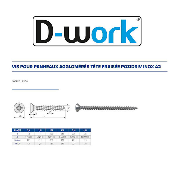 200 Vis Bois Tête Fraisée Pozidriv 4 x 16 mm - Inox A2 - D-Work