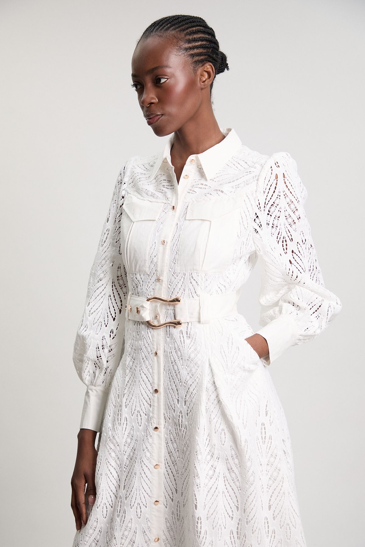 KarenMillen Petite Cotton Cutwork Woven Shirt Midi Dress
