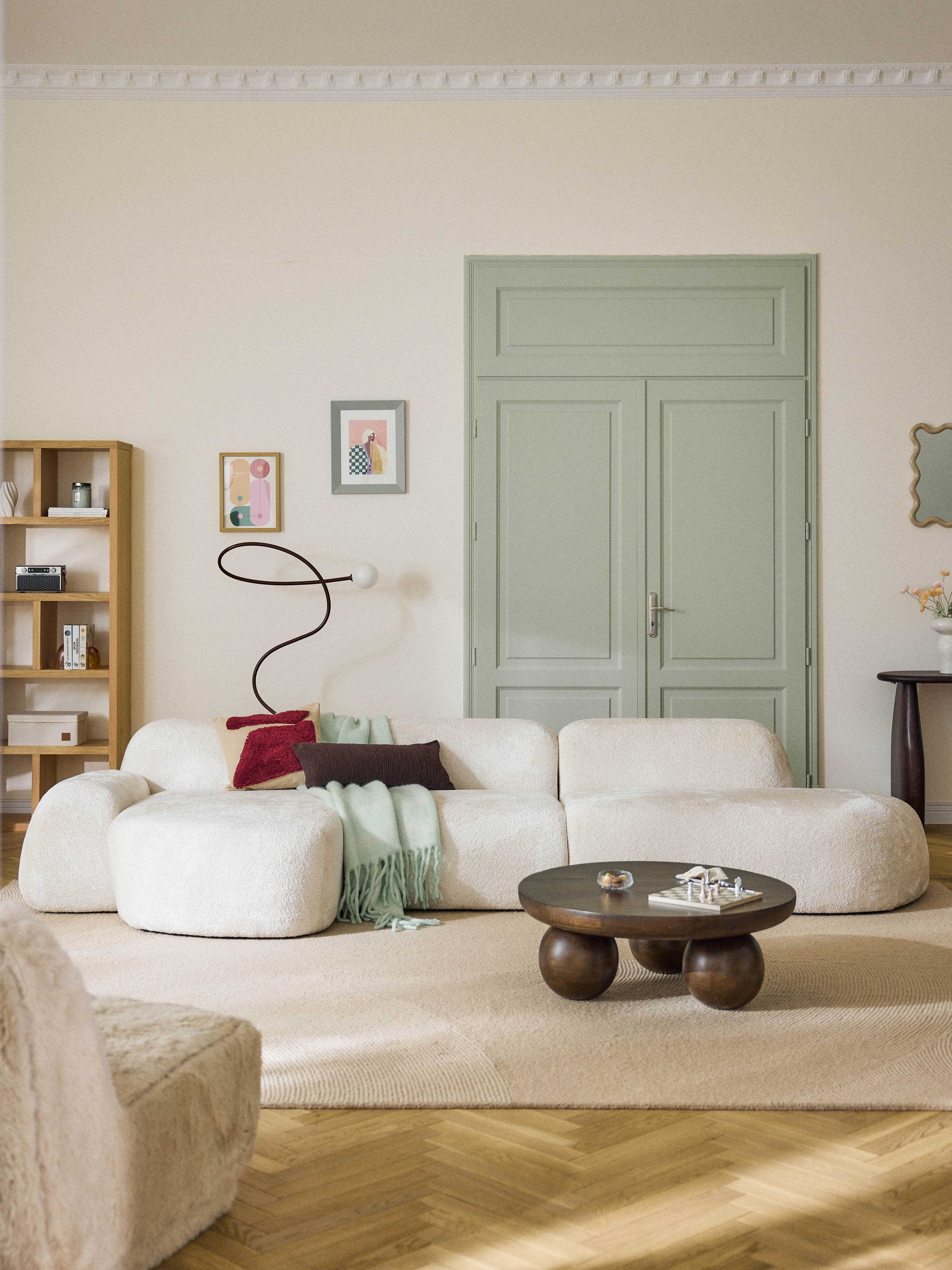 Modulares Ecksofa Wolke (4-Sitzer) aus Teddy-Bouclé mit Chaiselongue
