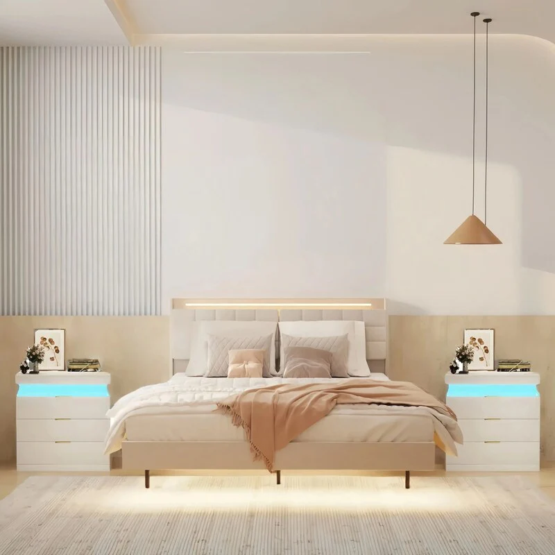 3-Pieces Bedroom Sets,Floating Bed Frame with LED Light and Charging Station and 2 Nightstand with Charging Station ,LED Lights