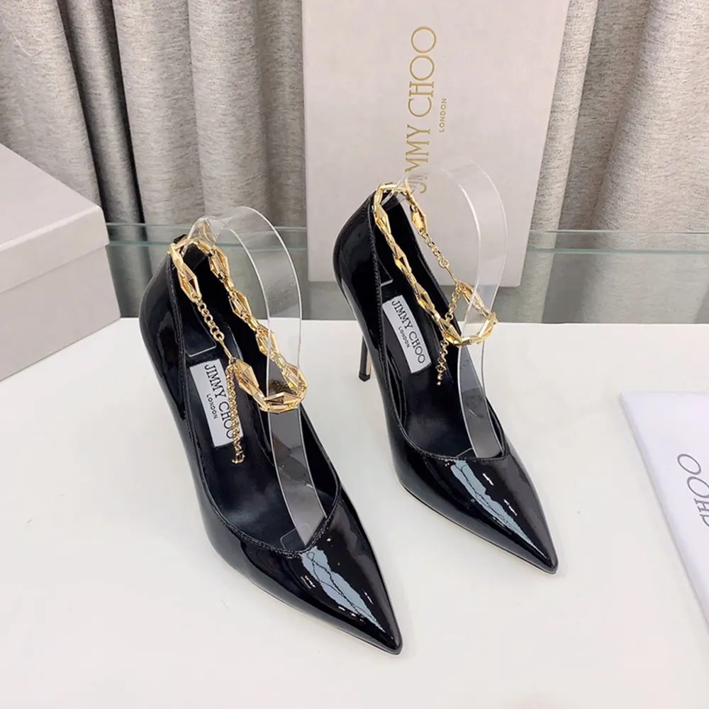 Jimmy Choo Talura Patent Leather Chain 10CM Slim Heel Slide Sandal