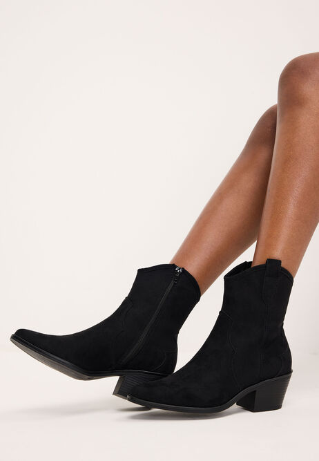Womens Black Faux Suede Western Ankle Boots