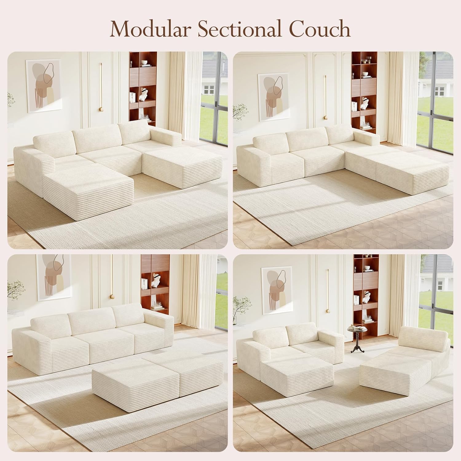 Vesgantti 119 Oversized U-Shaped Modular Sectional Sofa, Corduroy Cloud Couch with Deep Seating & Spring Support, Convertible Sofa with 2 Ottomans, Boneless Couch, No Assembly Required, Beige