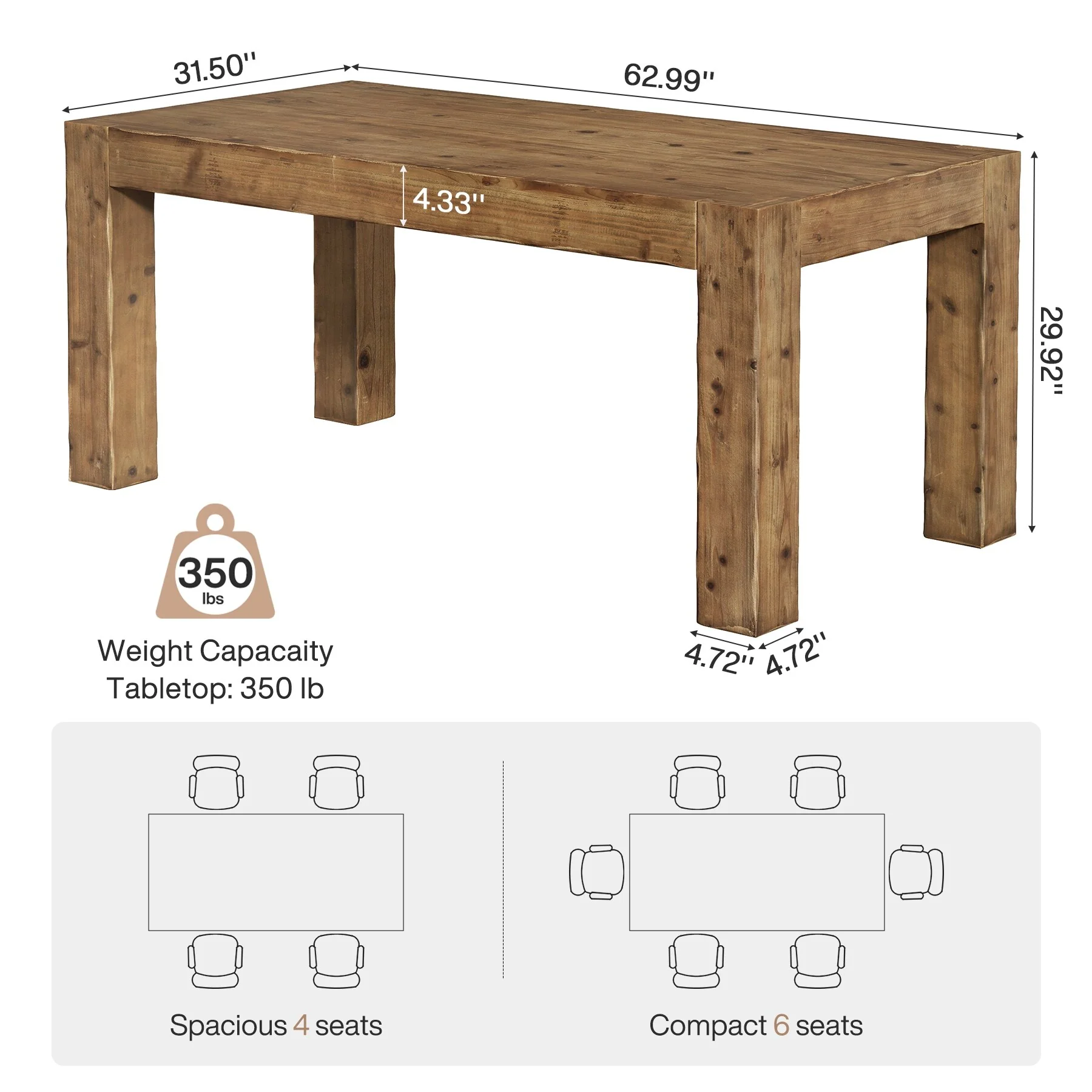63 Solid Wood Dining Table for 4-6, Rectangle Farmhouse Kitchen Table