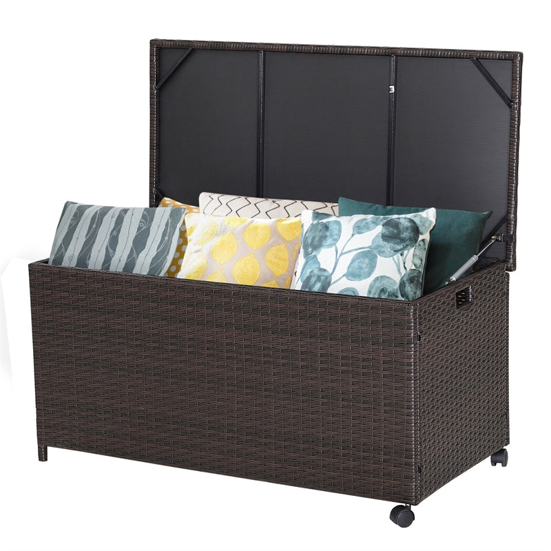 50 Gallon Wicker Deck Storage Box Patio Rattan Storage Container with 2 Universal Wheels & Zippered Liner