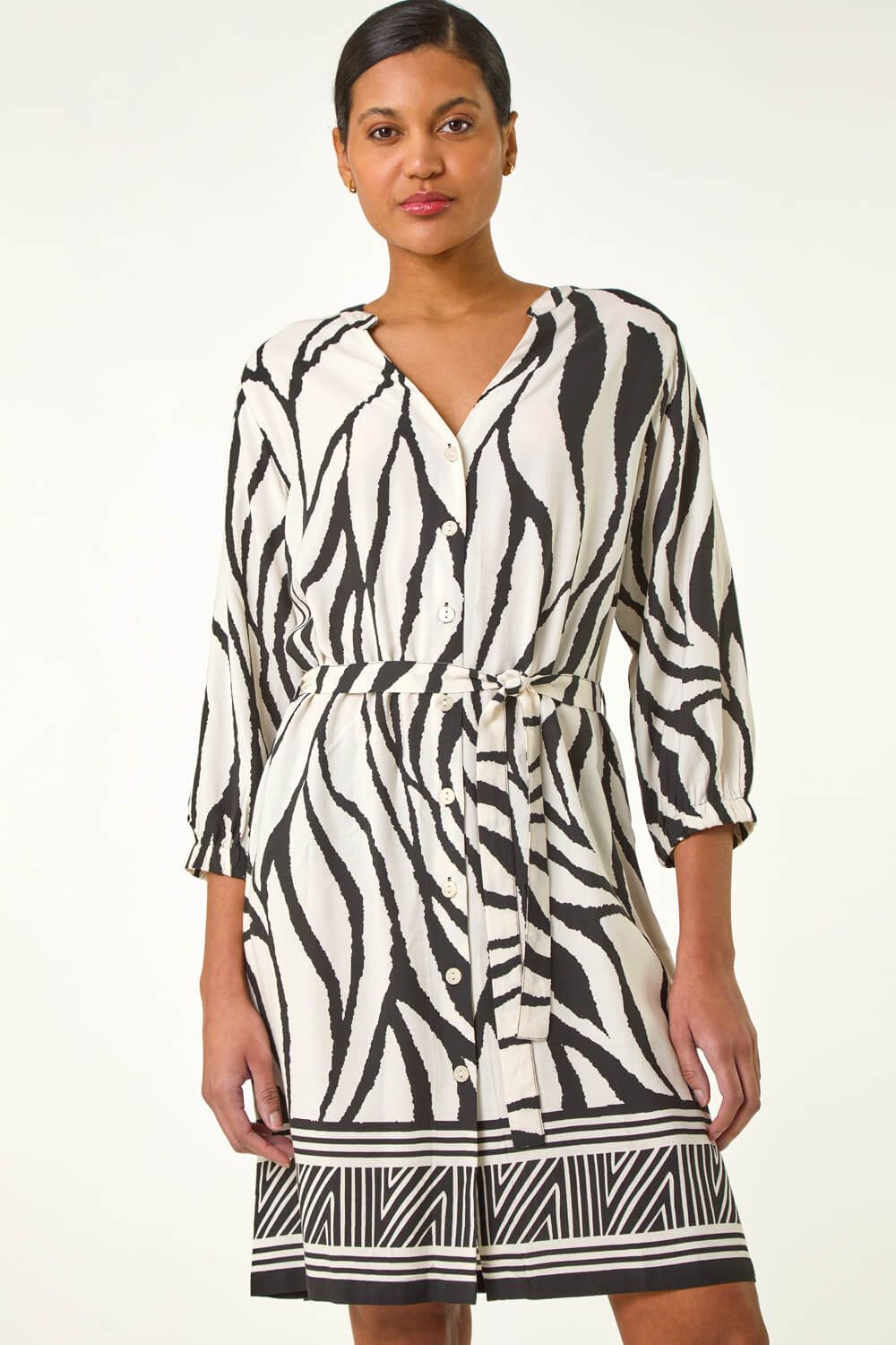Roman Abstract Border Tie Shirt Dress