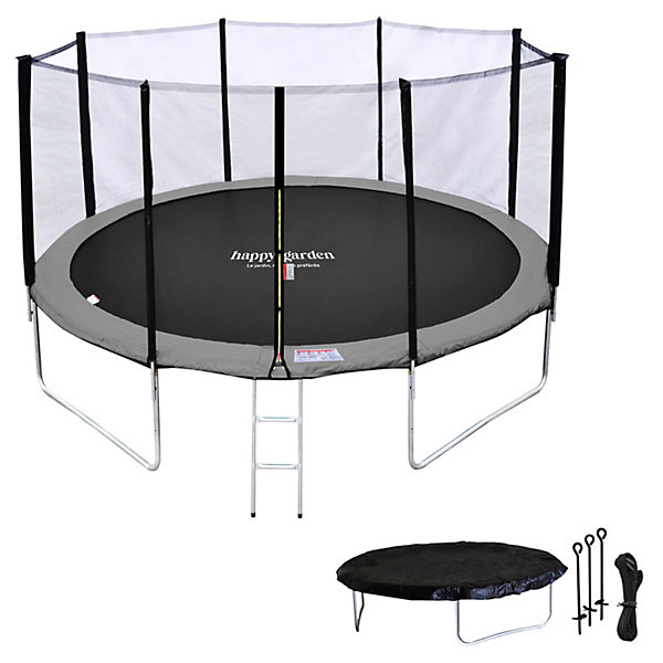 Pack Premium Trampoline 430cm réversible rose / gris MELBOURNE   filet, échelle, bâche et kit d'ancrage - HAPPY GARDEN