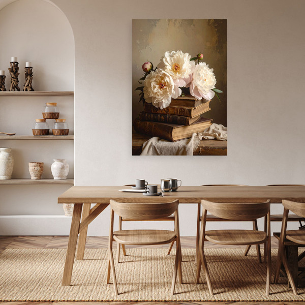 Obraz do salonu sypialni biura kuchni, Kwiaty piwonie ksiązki 20x30