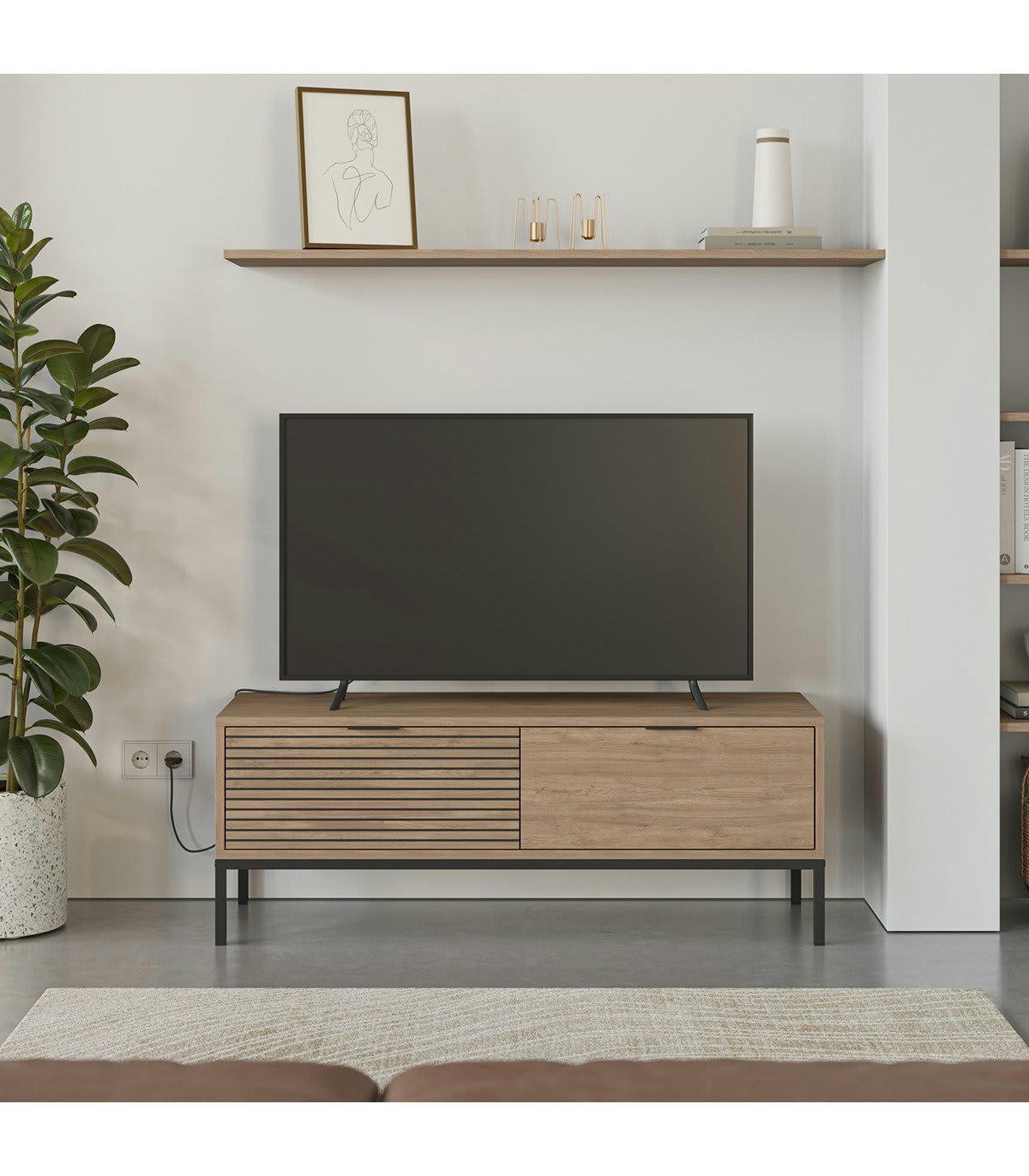 ARIEL - Meuble TV 2 tiroirs décor chêne, rainures noires - L120 cm