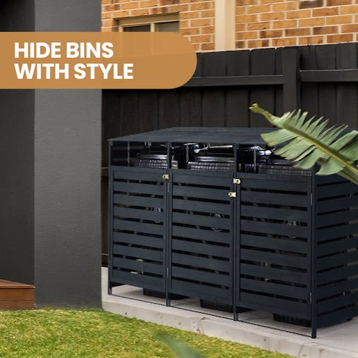 NNEMB Triple Wood Wheelie Bins Storage Shed, 3 Door Garbage Rubbish Bin Enclosure