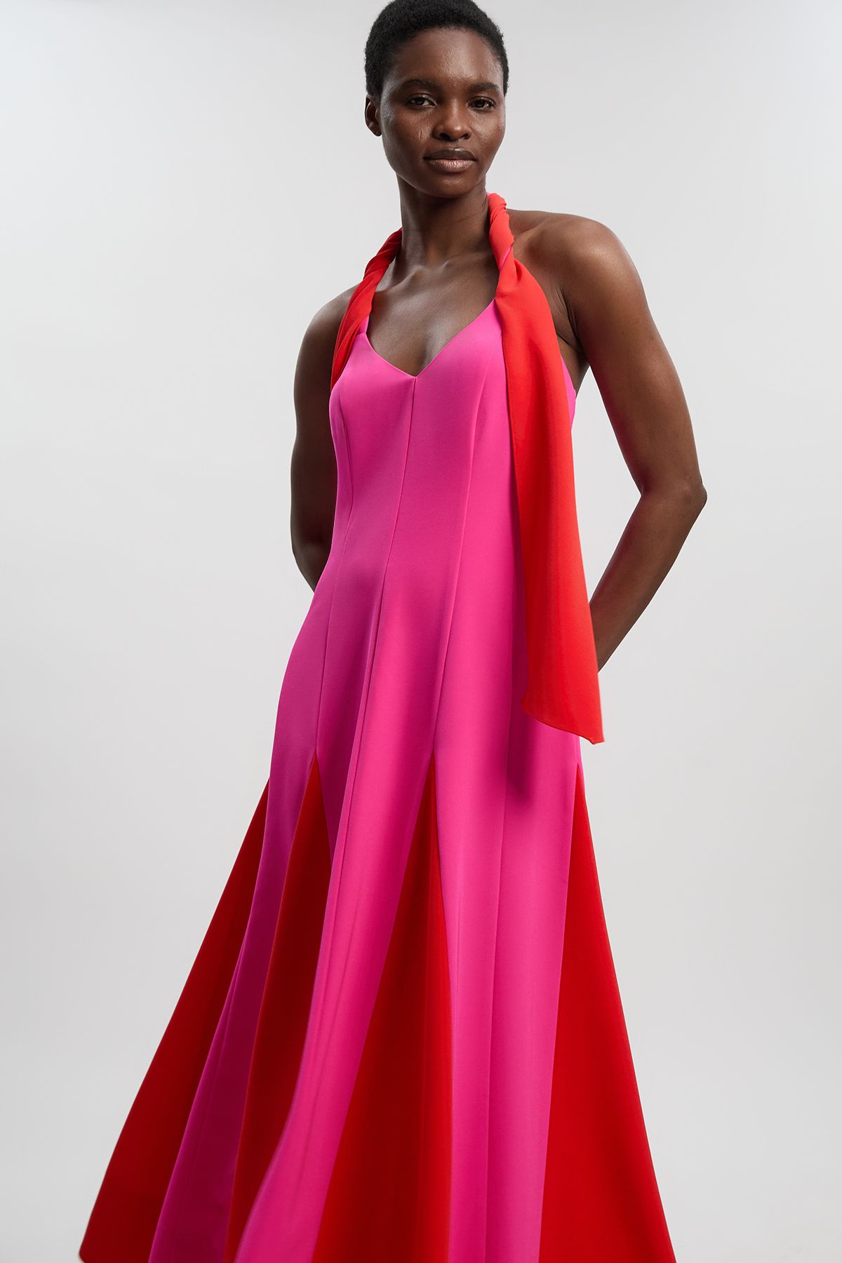 KarenMillen Soft Tailored Colour Block Detail Halter Neck Maxi Dress